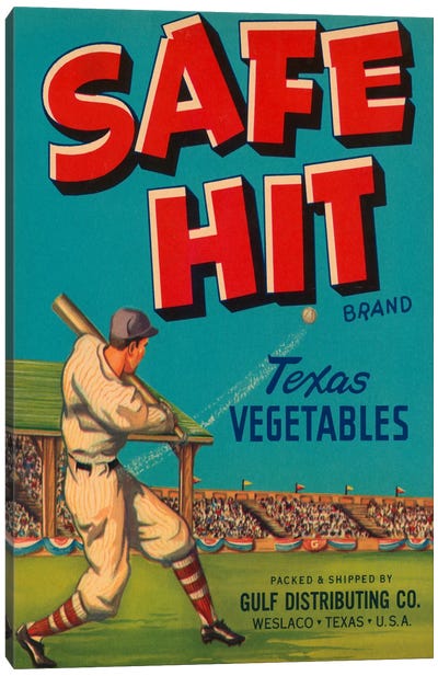 Safe Hit Brand Texas Vegetables Label Vintage Poster Canvas Art Print - Baseball Art