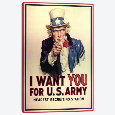 Uncle Sam: I Want You! Vintage Poster, J. M. Flagg Canvas Print #5052} by j. M. Flagg Canvas Artwork