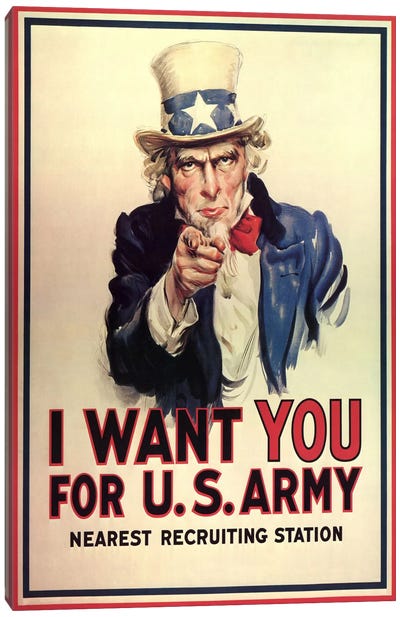 Uncle Sam: I Want You! Vintage Poster, J. M. Flagg Canvas Art Print - Vintage & Retro Wall Art