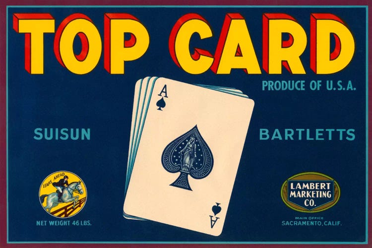 Top Card Brand Suisun Bartletts Lebel Vintage Poster