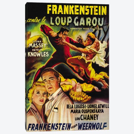 Frankenstein Meets The Wolf Man Movie Vintage Poster Canvas Print #5059} by Unknown Artist Canvas Wall Art