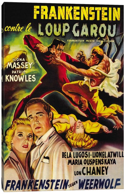 Frankenstein Meets The Wolf Man Movie Vintage Poster Canvas Art Print - Unknown Artist