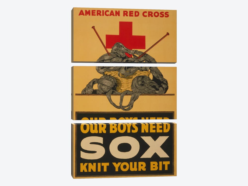 Our Boys Need Sox - Knit Your Bit American Red Cross Vintage Poster by Unknown Artist 3-piece Canvas Art Print