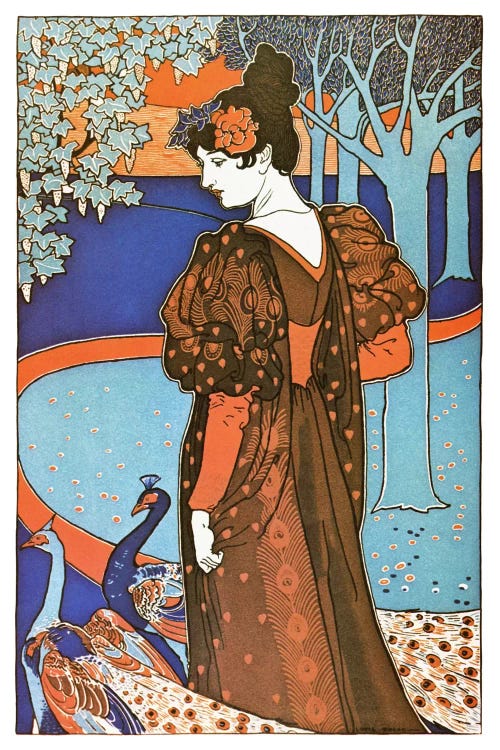 Lady with Peacocks (Art Nouveau) Advertising Vintage Poster