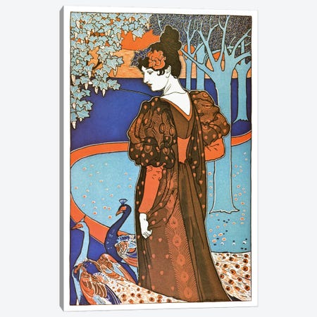 Lady with Peacocks (Art Nouveau) Advertising Vintage Poster Canvas Print #5284} by Unknown Artist Canvas Artwork