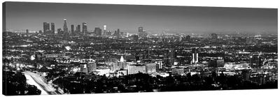 Los Angeles Panoramic Skyline Cityscape (Black & White - Night View) Canvas Art Print - Black & White Art