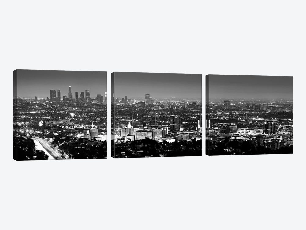 Los Angeles Panoramic Skyline Cityscape (Black & White - Night View) 3-piece Canvas Art Print