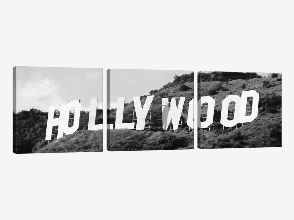 Hollywood Panoramic Skyline Cityscape (Black & White - Sign) 3-piece Canvas Art