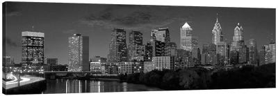Philadelphia Panoramic Skyline Cityscape (Black & White) Canvas Art Print - Urban Art