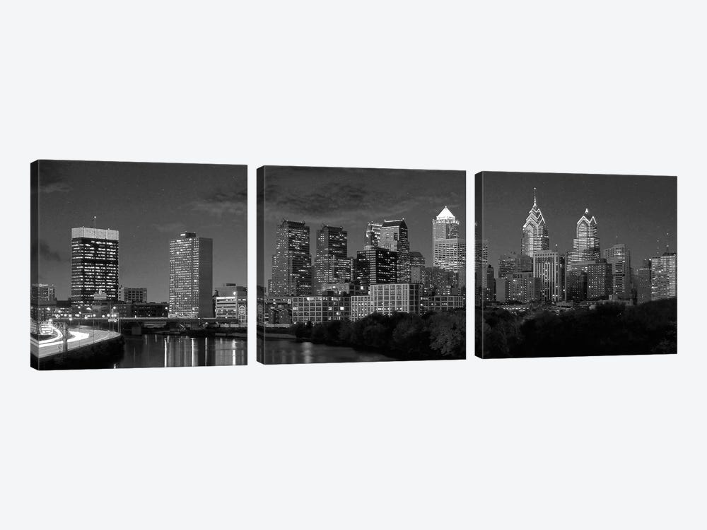 Philadelphia Panoramic Skyline Cityscape (Black & White) by Unknown Artist 3-piece Art Print