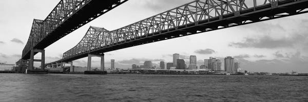 Large Black & White Art - Canvas Prints: Nola Panoramic Skyline Cityscape (Black & White - BridgeSunset) by Unknown Artist
