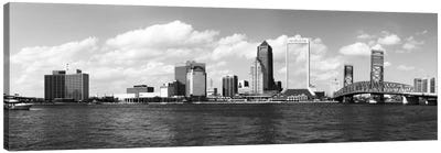 Jacksonville Panoramic Skyline Cityscape (Black & White) Canvas Art Print - Jacksonville Art