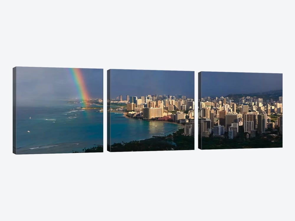 Honolulu Panoramic Skyline Cityscape (Rainbow) by Unknown Artist 3-piece Canvas Art Print