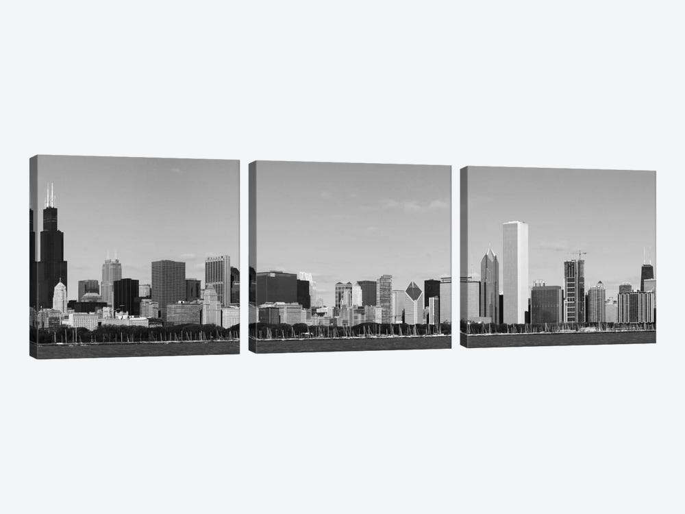 Chicago Panoramic Skyline Cityscape (Black & White) by Unknown Artist 3-piece Canvas Art