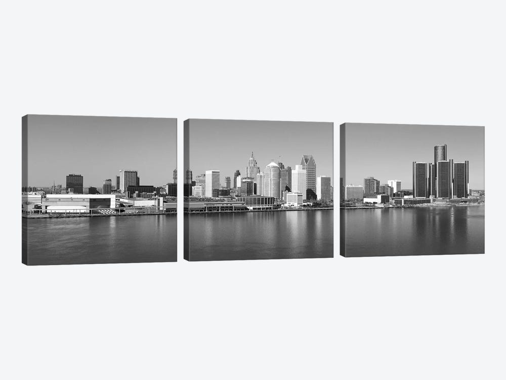 Detroit Panoramic Skyline Cityscape (Black & White) by Unknown Artist 3-piece Canvas Print