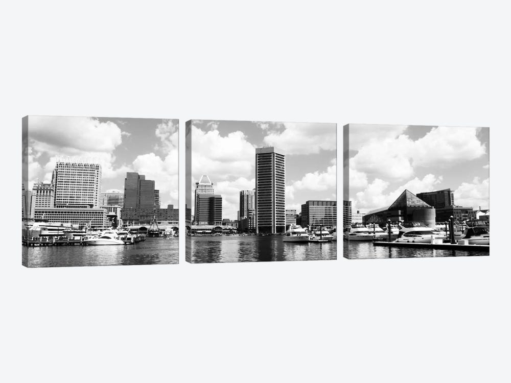 Baltimore Panoramic Skyline Cityscape (Black &White) by Unknown Artist 3-piece Canvas Art Print