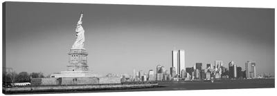 New York Panoramic Skyline Cityscape (Black & White) Canvas Art Print - Statue of Liberty Art