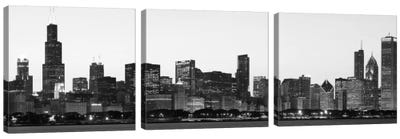 Chicago Panoramic Skyline Cityscape (Black & White - Dusk) Canvas Art Print - 3-Piece Urban Art