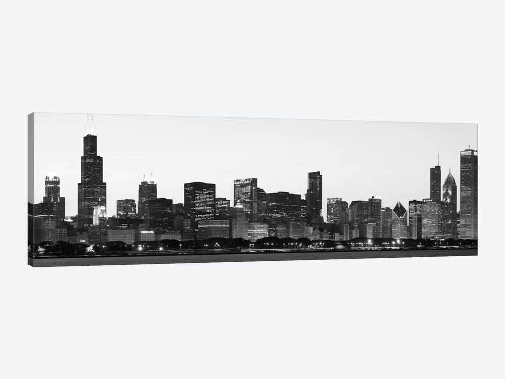 Chicago Panoramic Skyline Cityscape (Black & White - Dusk) 1-piece Canvas Print