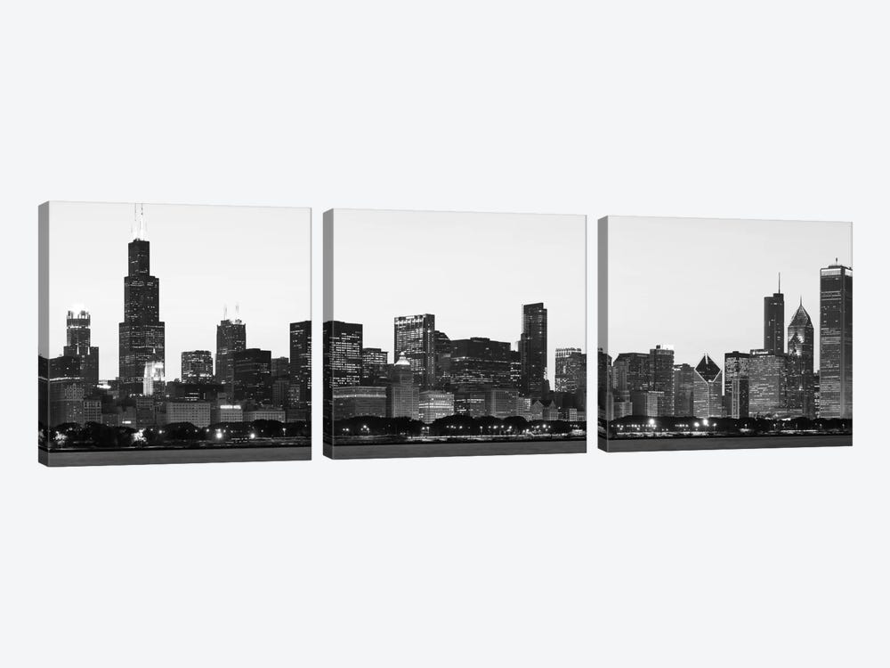 Chicago Panoramic Skyline Cityscape (Black & White - Dusk) by Unknown Artist 3-piece Canvas Print