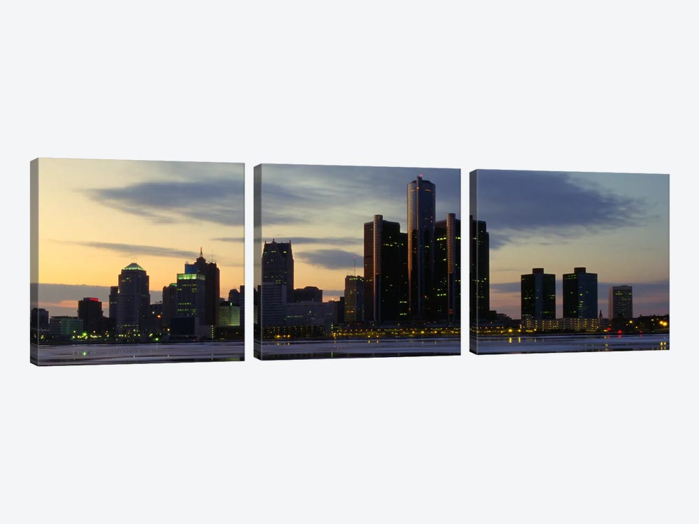 Detroit Panoramic Skyline Cityscape (Dusk) by Unknown Artist 3-piece Canvas Artwork
