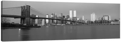 New York Panoramic Skyline Cityscape (Black & White - Dusk) Canvas Art Print - Famous Bridges
