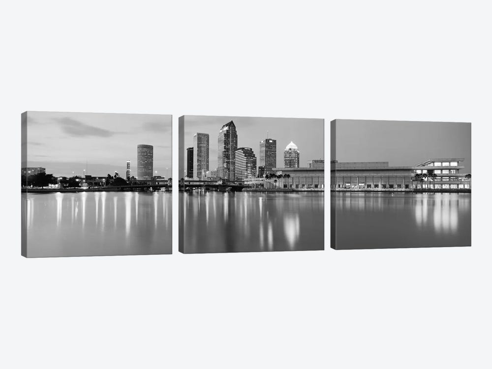 Tampa Panoramic Skyline Cityscape (Black & White - Dusk) by Unknown Artist 3-piece Canvas Print