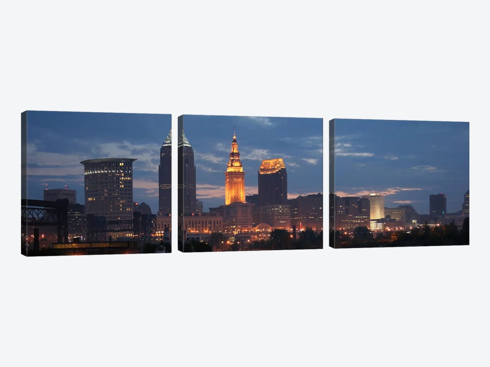 Cleveland Panoramic Skyline Cityscape (Dusk) by Unknown Artist 3-piece Canvas Artwork