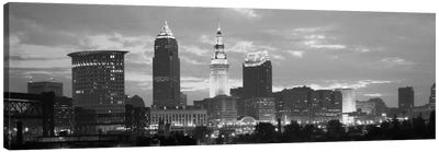 Cleveland Panoramic Skyline Cityscape (Black & White - Dusk) Canvas Art Print - Urban Art