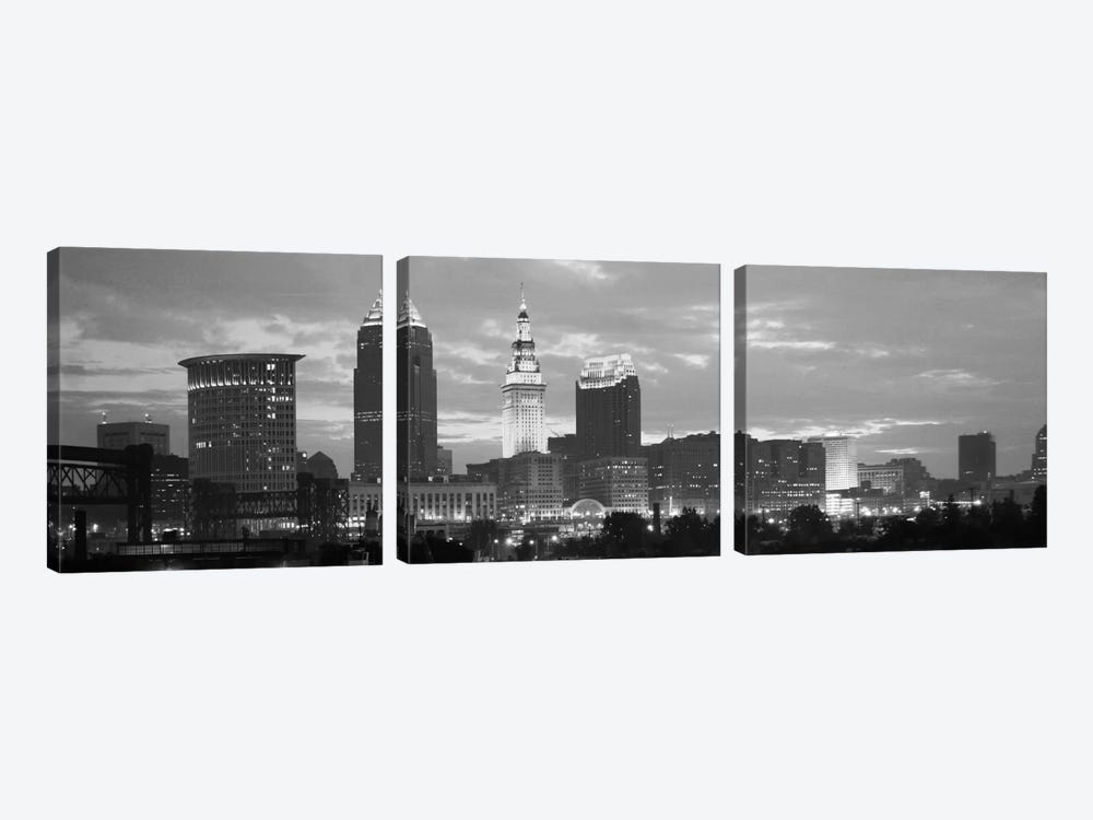 Cleveland Panoramic Skyline Cityscape (Black & White - Dusk) by Unknown Artist 3-piece Art Print