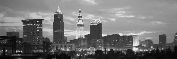 Cleveland Panoramic Skyline Cityscape Dusk (Black & White)