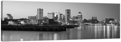 Baltimore Panoramic Skyline Cityscape (Black & White - Evening) Canvas Art Print - Urban River, Lake & Waterfront Art