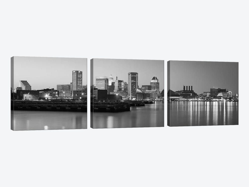Baltimore Panoramic Skyline Cityscape (Black & White - Evening) by Unknown Artist 3-piece Canvas Wall Art