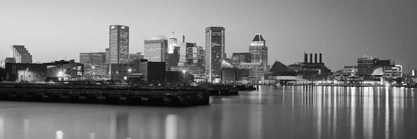 Maryland: Baltimore Panoramic Skyline Black & White Evening Cityscape by Unknown Artist