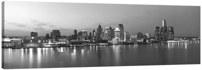 Detroit Panoramic Skyline Cityscape (Black & White - Evening) Canvas Art Print - Urban Art
