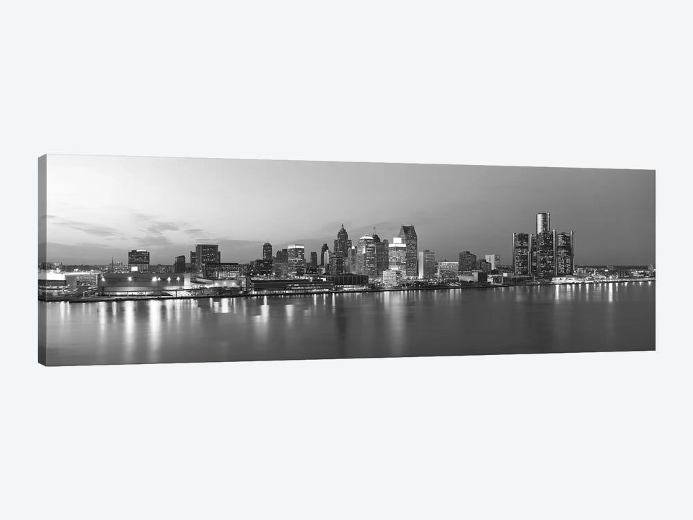 Detroit Panoramic Skyline Cityscape (Black & White - Evening) 1-piece Canvas Print