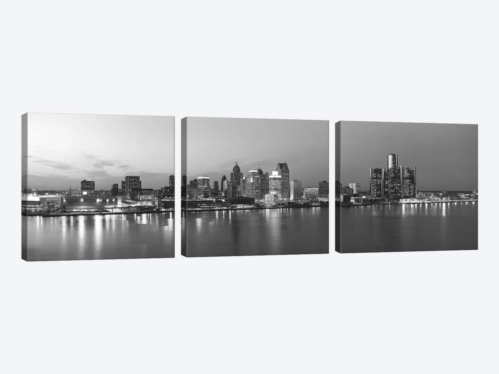 Detroit Panoramic Skyline Cityscape (Black & White - Evening) by Unknown Artist 3-piece Canvas Print