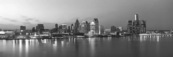 Detroit Panoramic Skyline Cityscape Evening (Black & White)