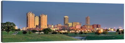 Fort Worth Panoramic Skyline Cityscape (Evening) Canvas Art Print - Fort Worth