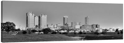 Fort Worth Panoramic Skyline Cityscape (Black & White - Evening) Canvas Art Print - Fort Worth