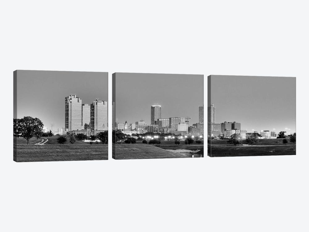 Fort Worth Panoramic Skyline Cityscape (Black & White - Evening) 3-piece Art Print