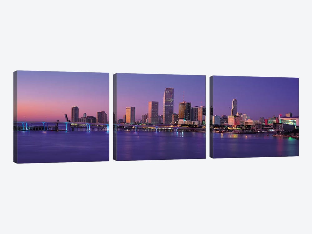 Miami Panoramic Skyline Cityscape (Evening) by Unknown Artist 3-piece Canvas Artwork