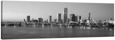 Miami Panoramic Skyline Cityscape (Black & White - Evening) Canvas Art Print - Miami Art