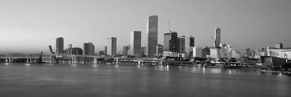 Miami: Miami Panoramic Skyline Cityscape (Black & White - Evening) by Unknown Artist