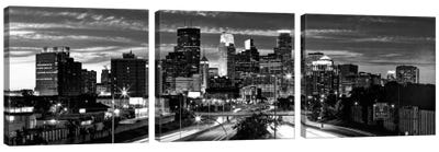 Minneapolis Panoramic Skyline Cityscape (Black & White - Evening) Canvas Art Print - Panoramic & Horizontal Wall Art