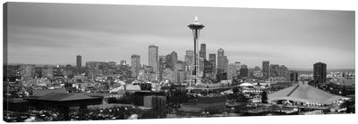 Seattle Panoramic Skyline Cityscape (Black & White - Evening) Canvas Art Print - Panoramic Cityscapes