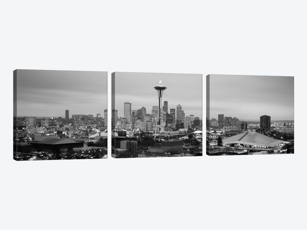 Seattle Panoramic Skyline Cityscape (Black & White - Evening) by Unknown Artist 3-piece Canvas Wall Art