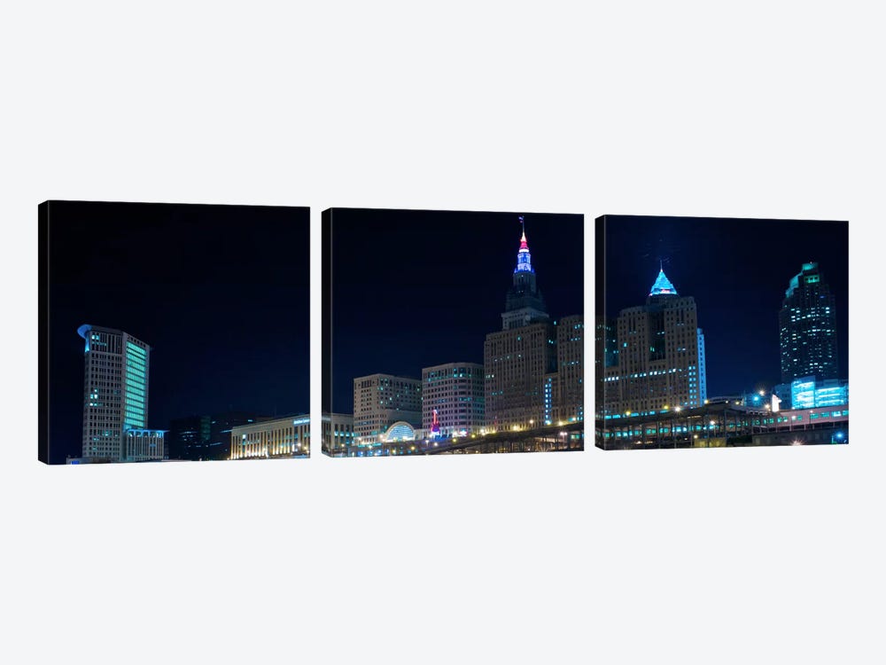 Cleveland Panoramic Skyline Cityscape (Night) by Unknown Artist 3-piece Canvas Artwork