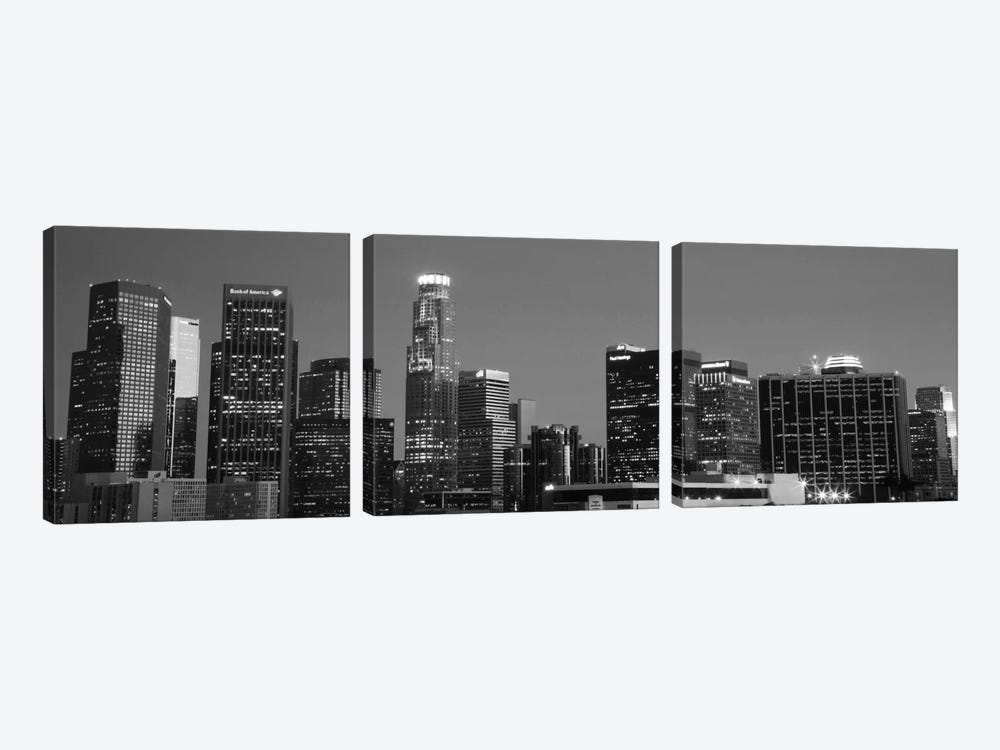 Los Angeles Panoramic Skyline Cityscape (Black & White - Night) by Unknown Artist 3-piece Canvas Art Print