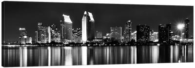 San Diego Panoramic Skyline Cityscape (Black & White - Night) Canvas Art Print - Panoramic Photography